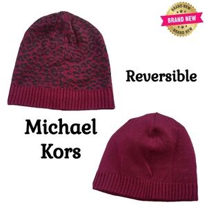 NWT Michael Kors Wine & Black Glitter Leopard Reversible Winter Knit Beanie